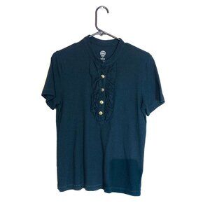 Torry Burch Black Front Ruffle Buttoned Polo Blouse M